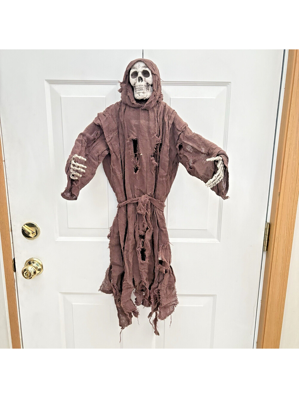 Halloween Hanging Monk Skeleton, Brown Raggedy cobwebbed gauze style gown, 36”